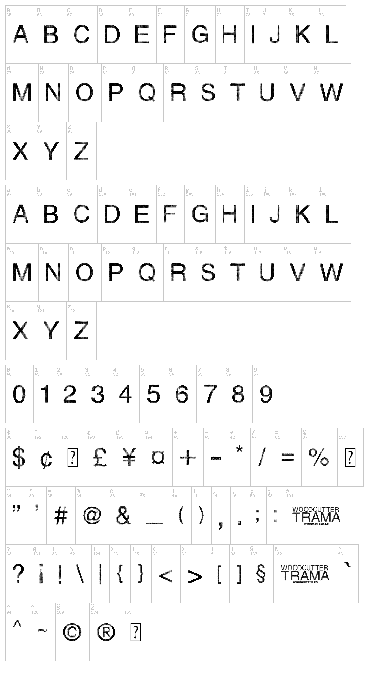 Woodcutter Trama font map
